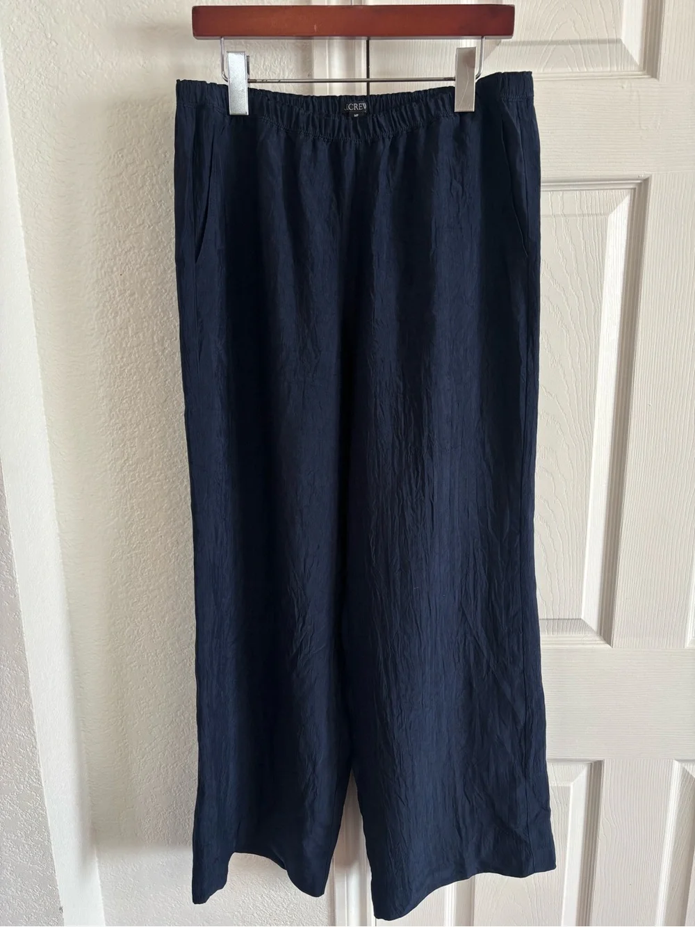 J.Crew High Rise Stratus Wide Leg Pant in Textured Satin Navy Blue Size MP
